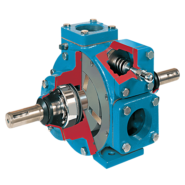 Blue TXD Sliding Vane Pump with cutaway view showing internal vane mechanism and metal components for tanker truck unloading applications