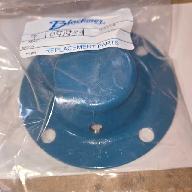 041433 Bearing Cover, blue painted metal with raised circular center and three mounting holes