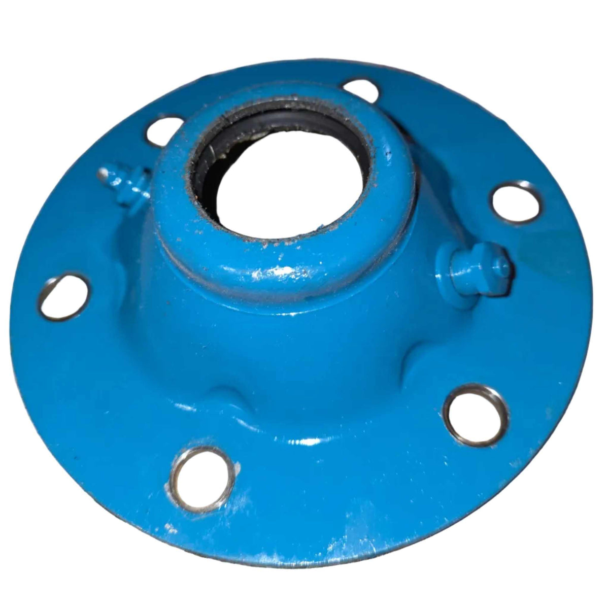 041815 Bearing Cover in blue painted metal with raised central opening, bolt holes, and grease fitting