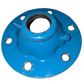 041815 Bearing Cover in blue painted metal with raised central opening, bolt holes, and grease fitting