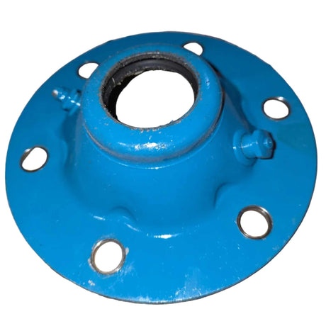 041815 Bearing Cover in blue painted metal with raised central opening, bolt holes, and grease fitting