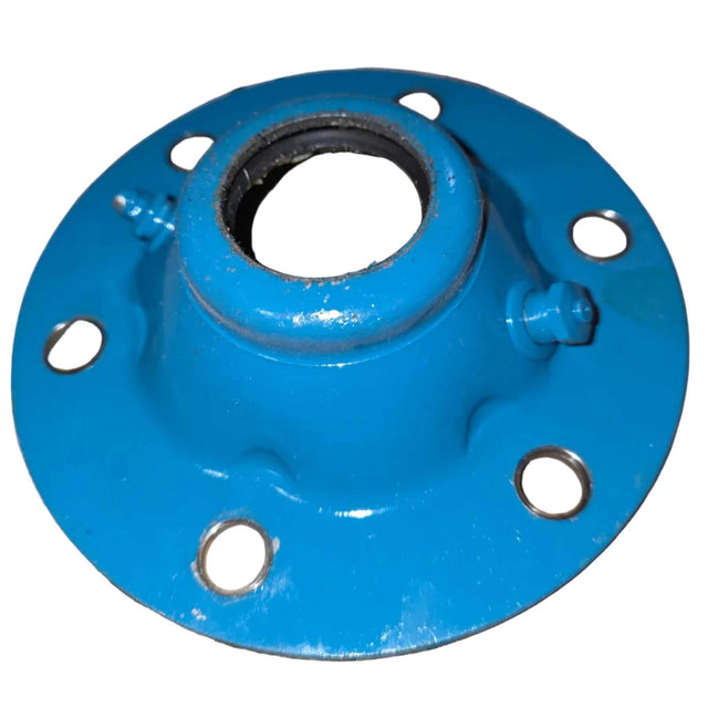041815 Bearing Cover in blue painted metal with raised central opening, bolt holes, and grease fitting