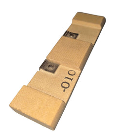 091627 Vane laminate pump component in tan woven material with metal fastener plates and curved end