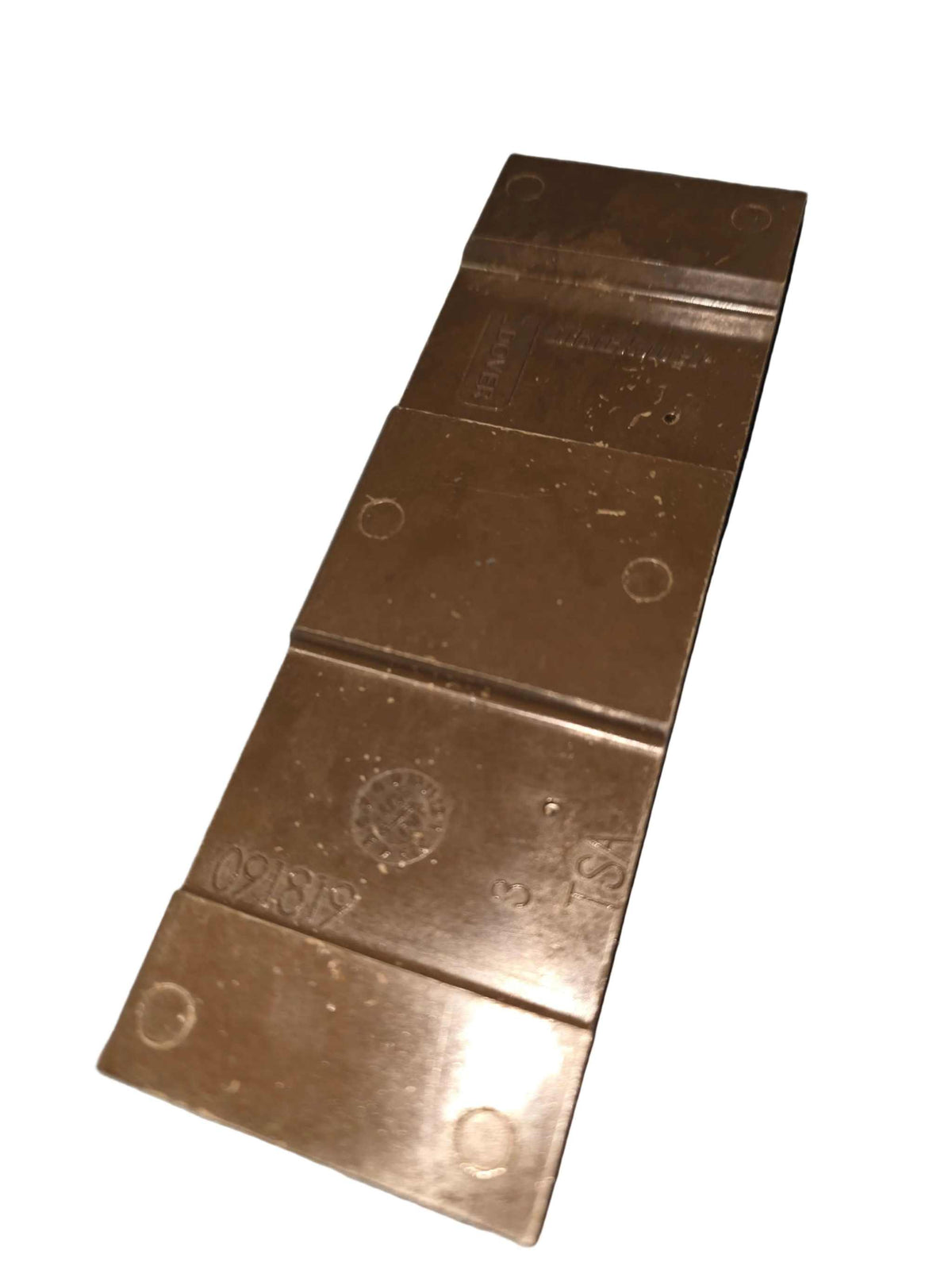 091819 Vane replacement pump component in dark brown metal with a flat slotted shape and stamped markings