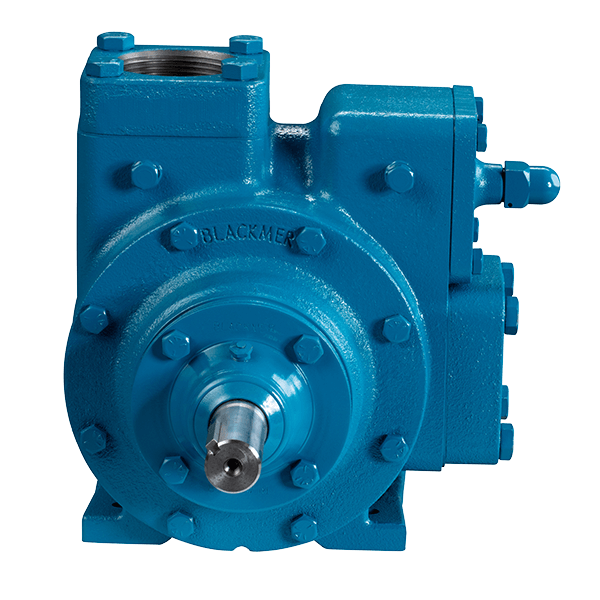 TXD Sliding Vane Pump by Blackmer in blue showing double-ended drive shaft and durable construction.